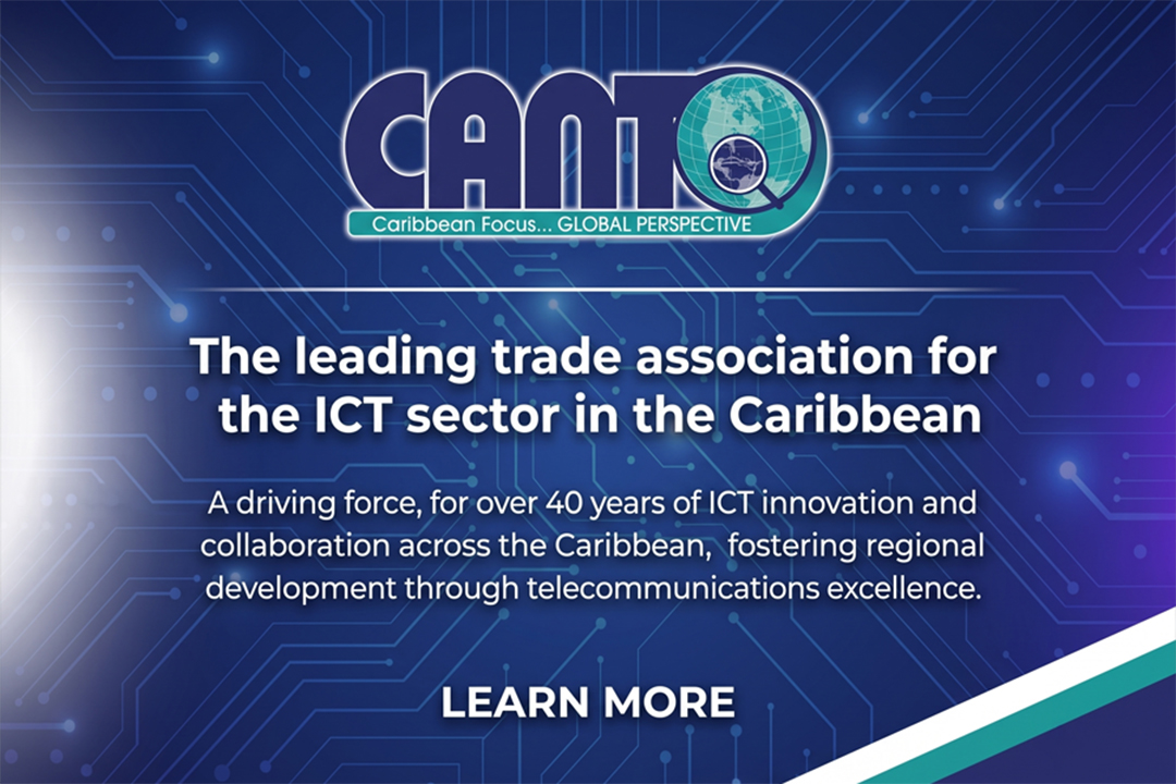 Blue tech-themed banner for CAMQ: 'The leading trade association for the ICT sector in the Caribbean' with a 'Learn More' call-to-action and logo.