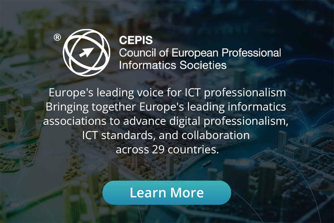 CEPIS logo with mission statement about Europe's ICT professionalism and a blue 'Learn More' CTA over a tech background.