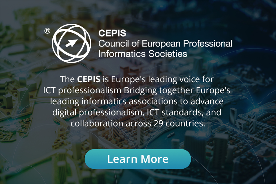 Hero banner for CEPIS (Council of European Professional Informatics Societies) with a Learn More button.