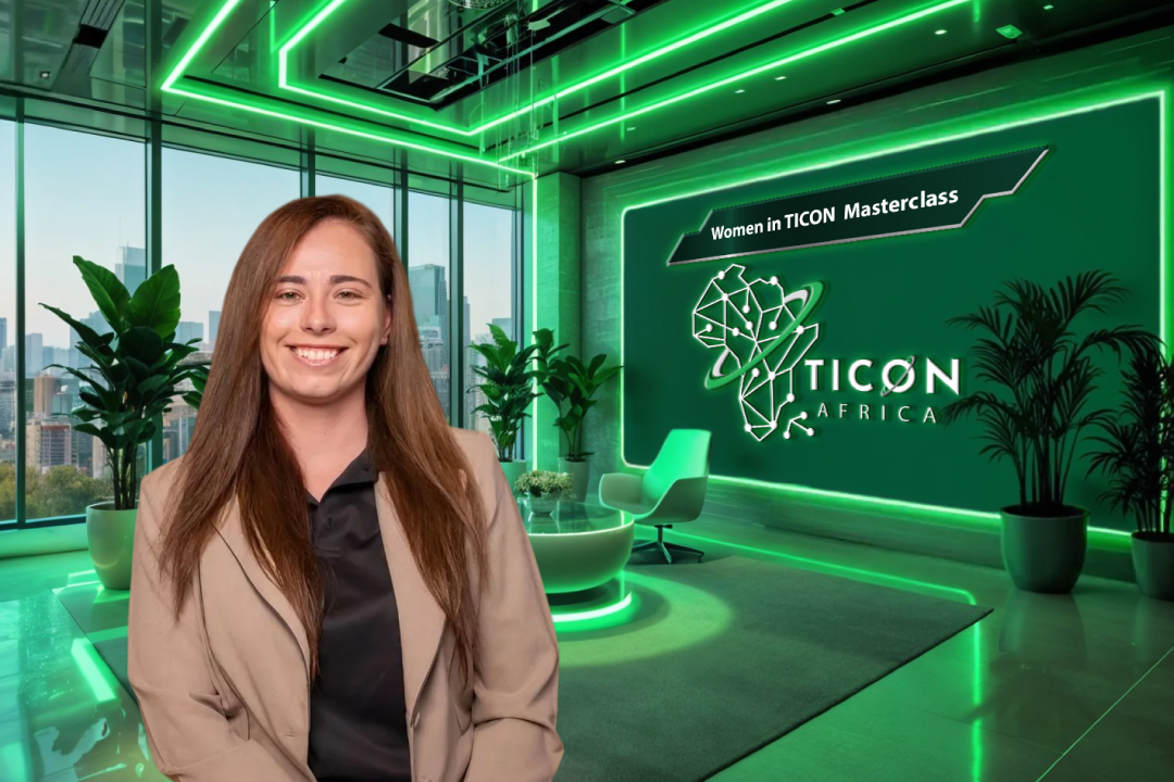 Smiling woman in a beige blazer posing in a neon-green TICON Africa office for the 'Women in TICON Masterclass' event backdrop.