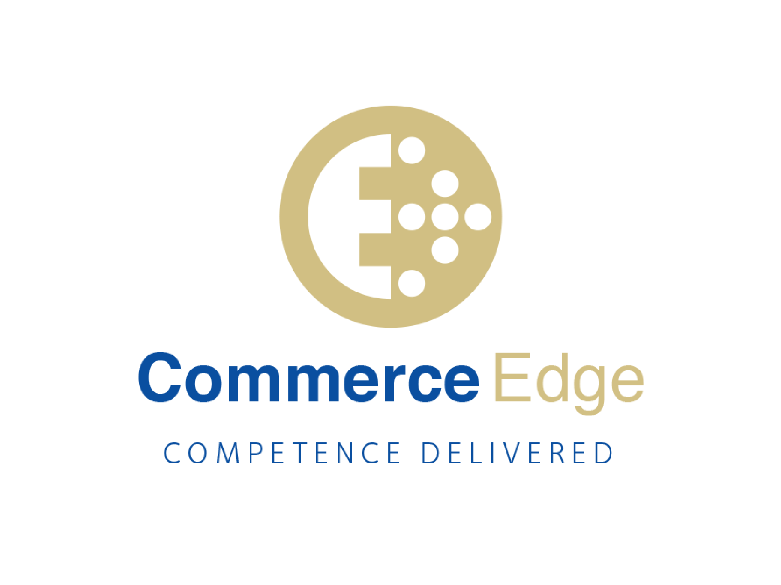 Commerce Edge logo: gold circular emblem with a white E and dots, plus blue 'Commerce' and gold 'Edge' text with slogan 'Competence Delivered'