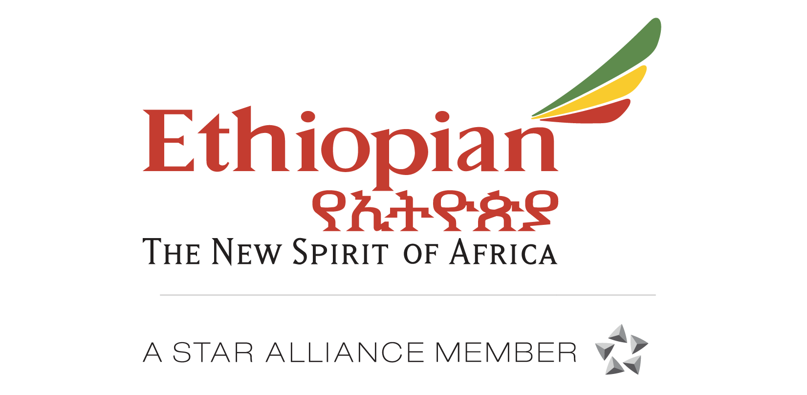 Ethiopian Airlines branding: red wordmark with a green-yellow-red wing and the slogan 'The New Spirit of Africa' plus 'A Star Alliance Member' emblem.