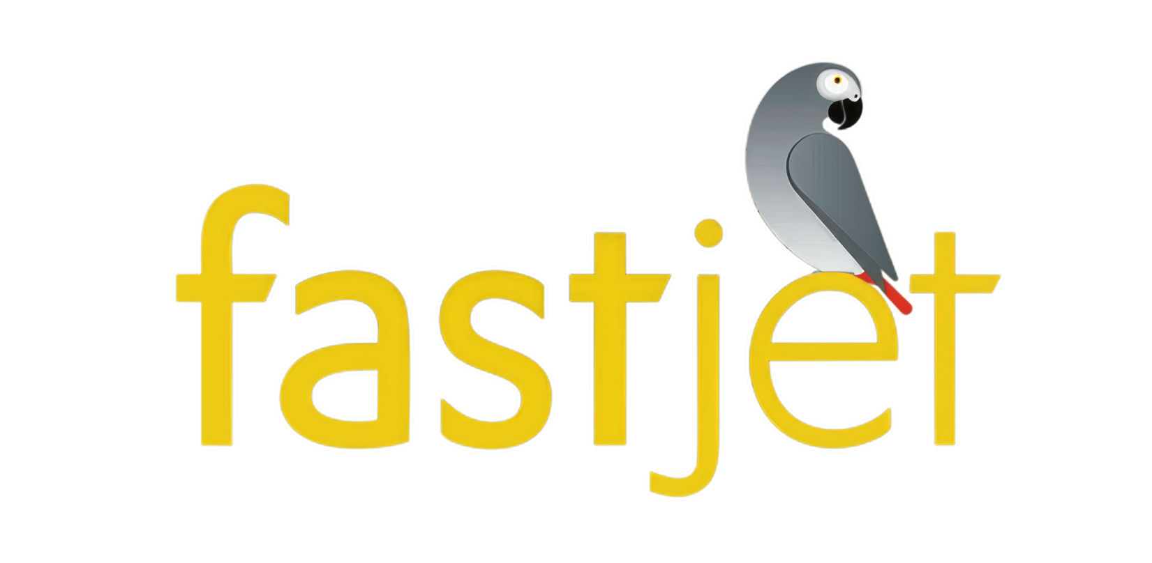 Fastjet logo: bold yellow lowercase wordmark with a gray parrot perched on the 't'.