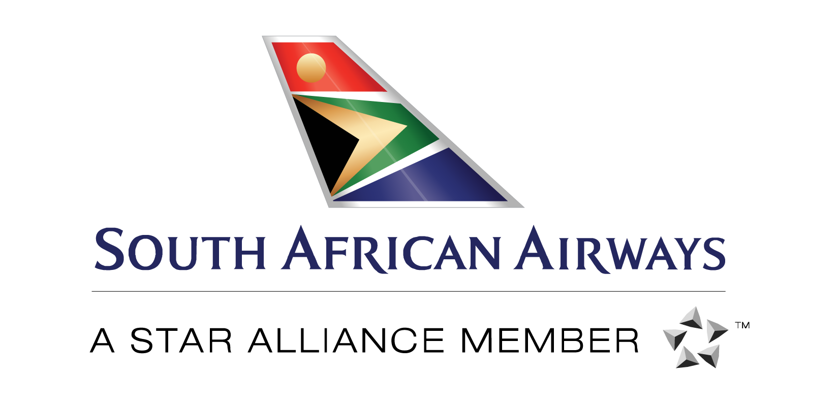South African Airways logo featuring a diagonal flag motif above the blue wordmark on a black background.