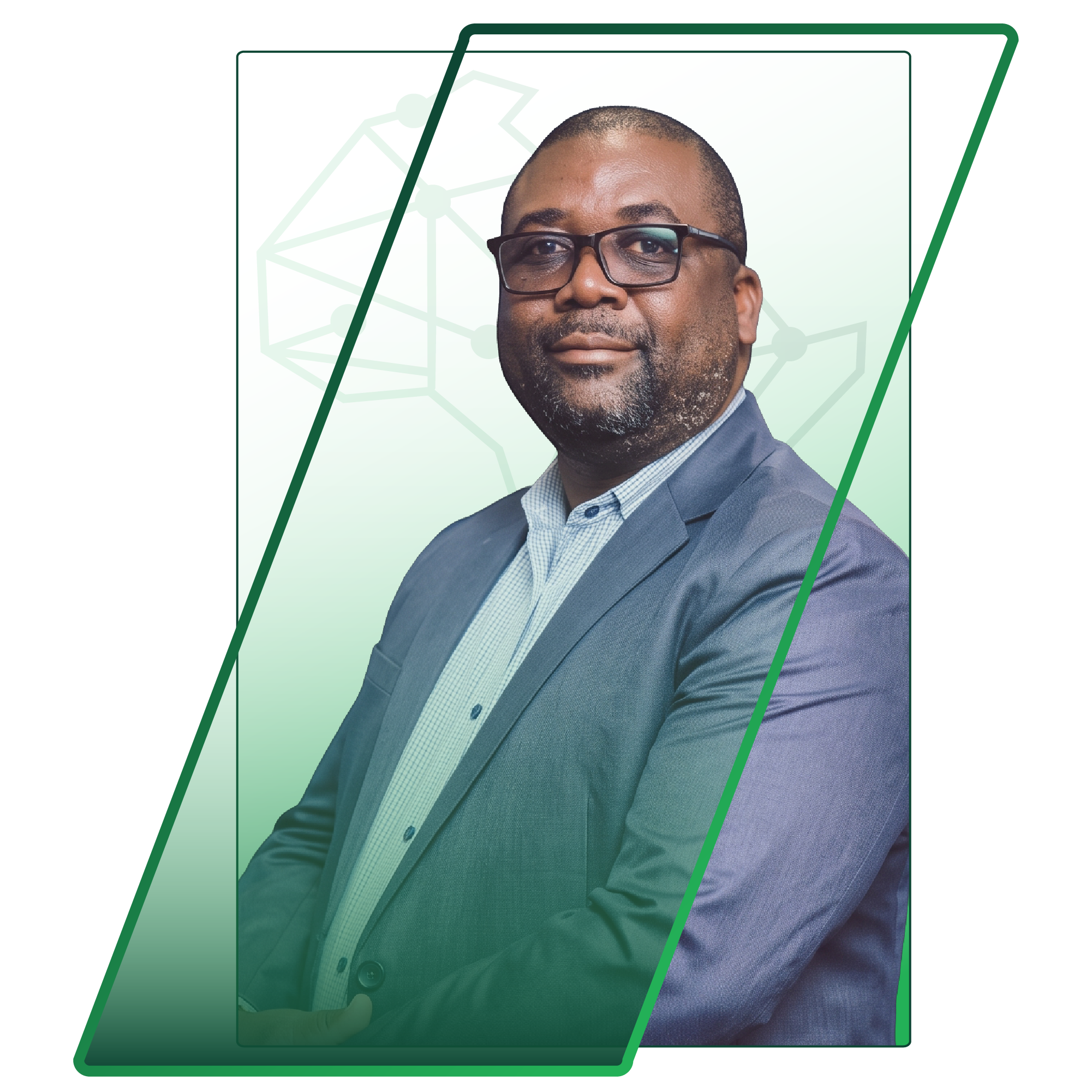 Professional portrait of a man wearing glasses and a suit, facing slightly to the right, with a green geometric background.