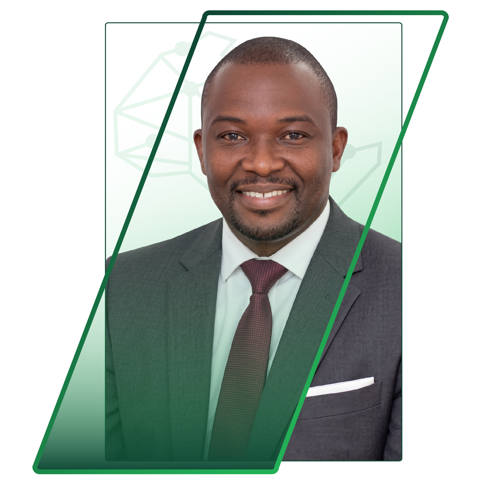 Smiling man in a dark suit and red tie, framed by green geometric overlays on a pale background.