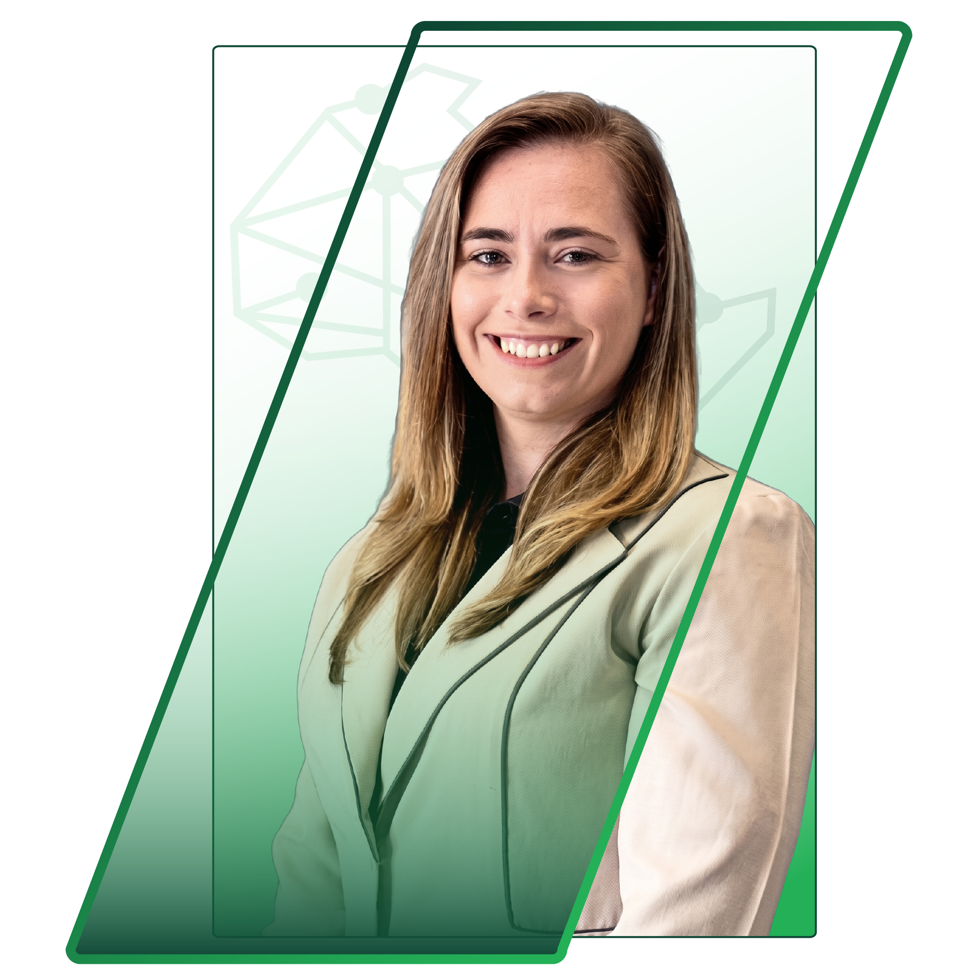 Smiling woman portrait with a green, geometric frame and gradient backdrop.