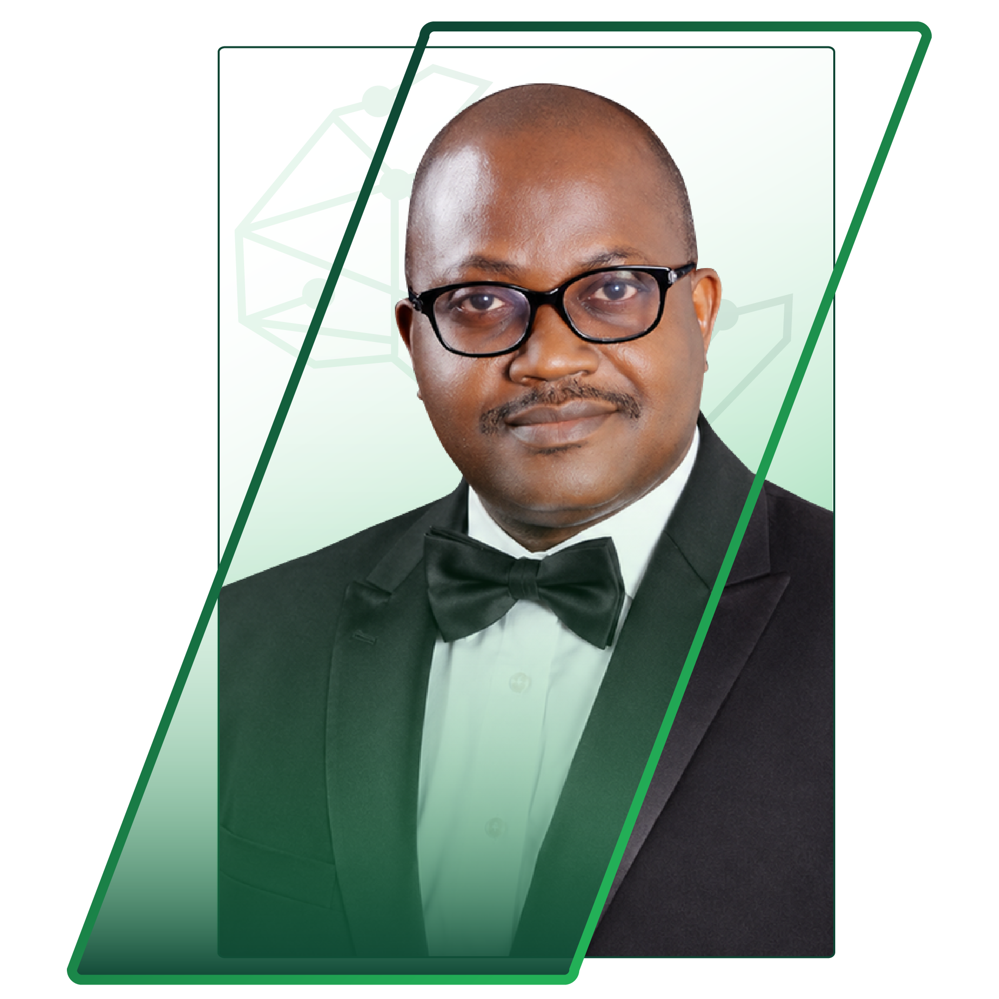 Portrait of a man in a black tuxedo and glasses with a green geometric overlay in the background.