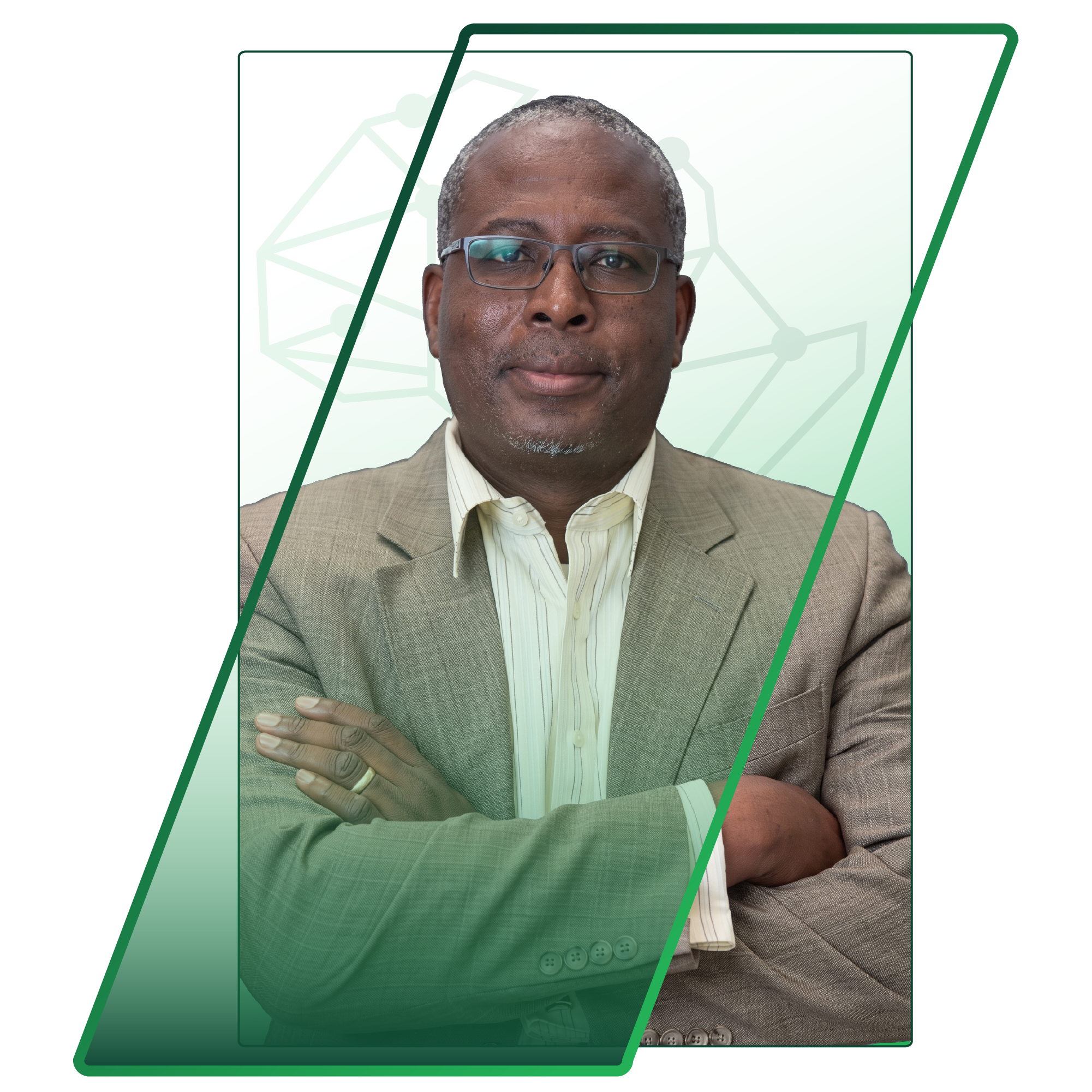 Portrait of a Black man in a beige suit and glasses, arms crossed, looking at the camera with a neutral expression in front of a geometric backdrop.