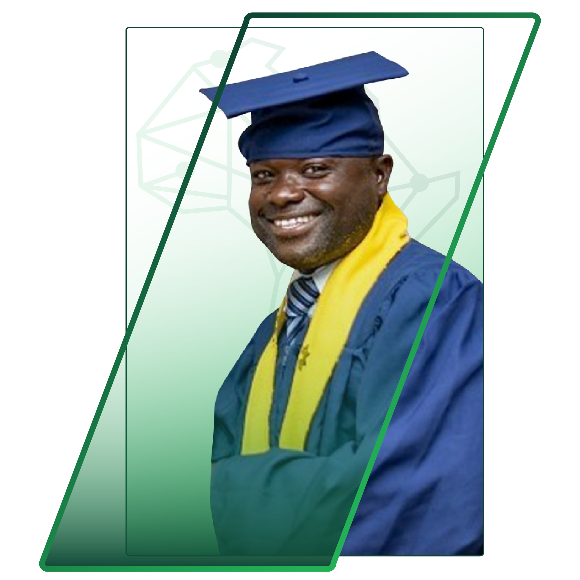 Smiling graduate in blue cap and gown with a yellow stole, posing for a portrait.