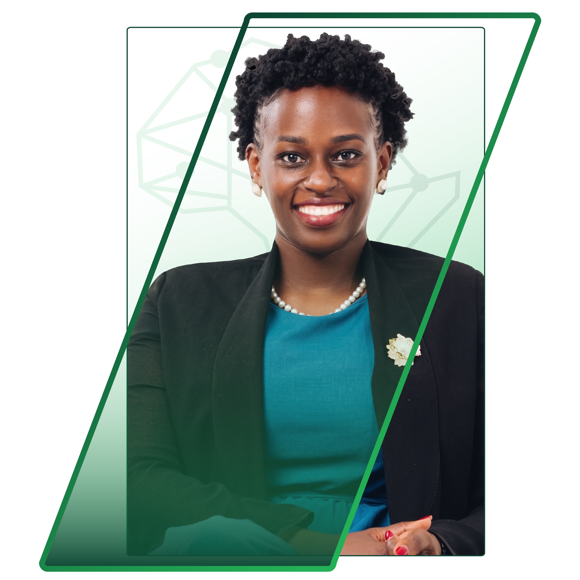 Smiling Black woman in teal blouse and blazer, wearing a pearl necklace, in a professional corporate portrait with green geometric framing.