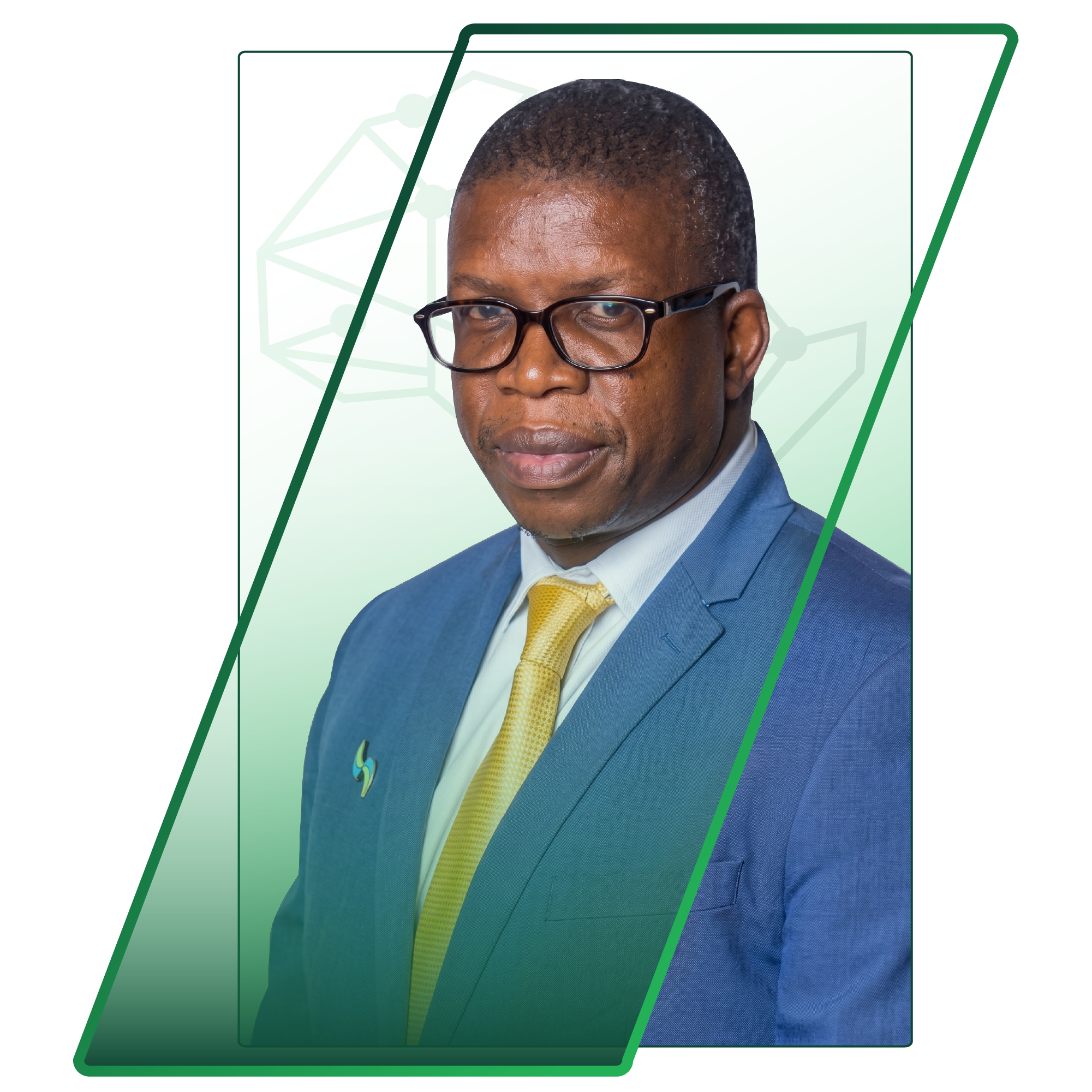 Portrait of a man in a blue suit, yellow tie, and glasses, looking at the camera with a neutral expression, against a decorative green background.