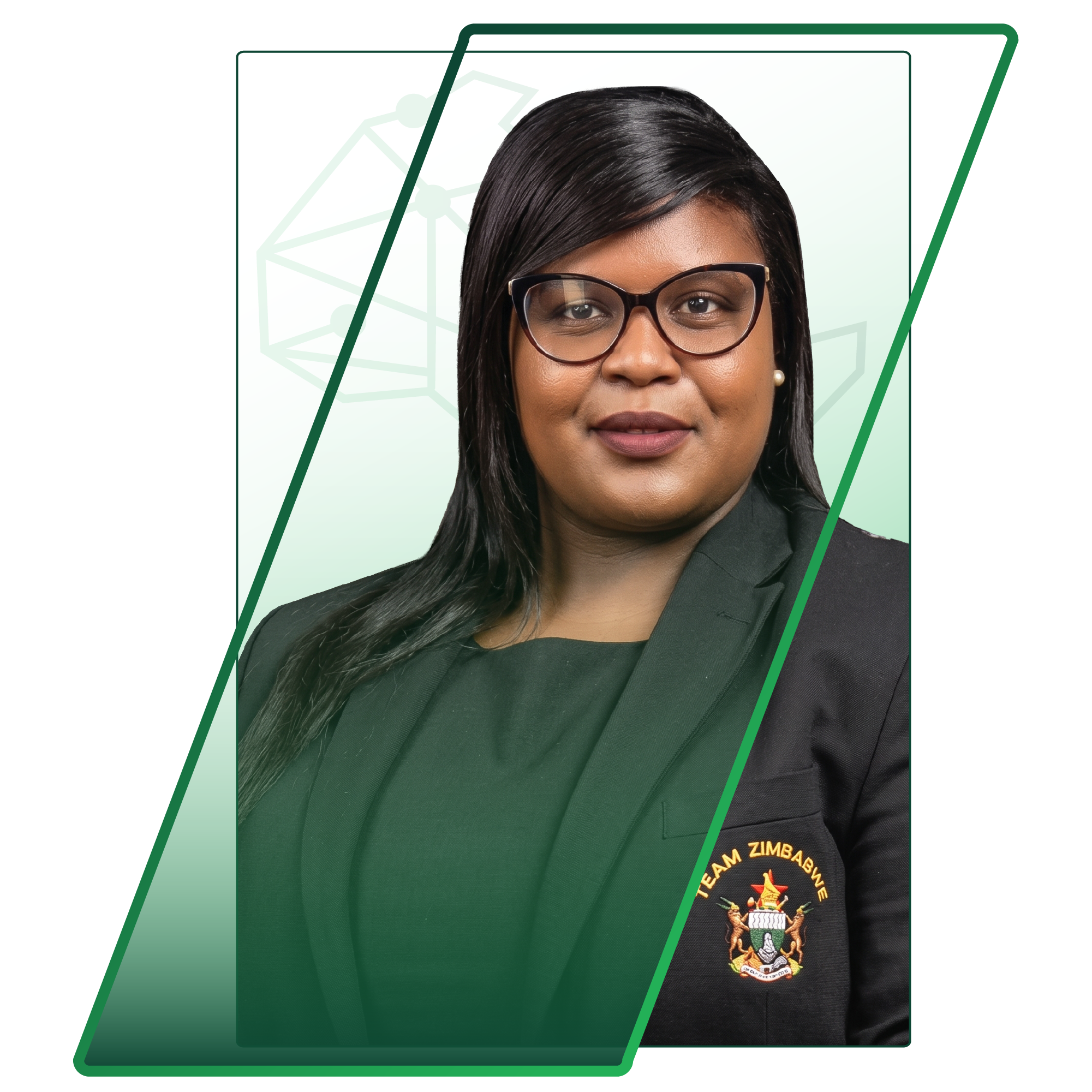 Professional headshot of a woman wearing a dark blazer with a Zimbabwean team badge, posed against a decorative green frame background.