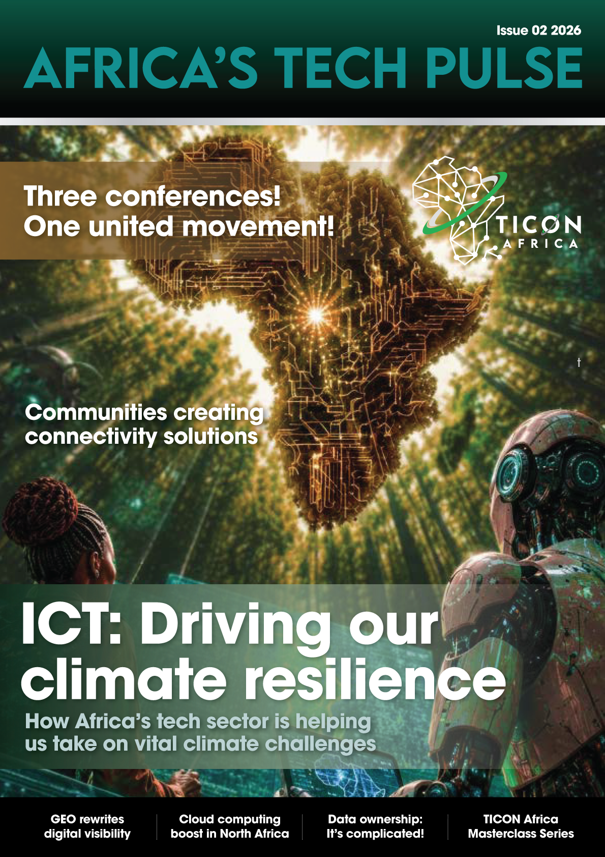 Cover of Africa's Tech Pulse magazine: stylized digital map of Africa with network lines, a robot on the right, and bold white headlines about ICT and climate resilience.