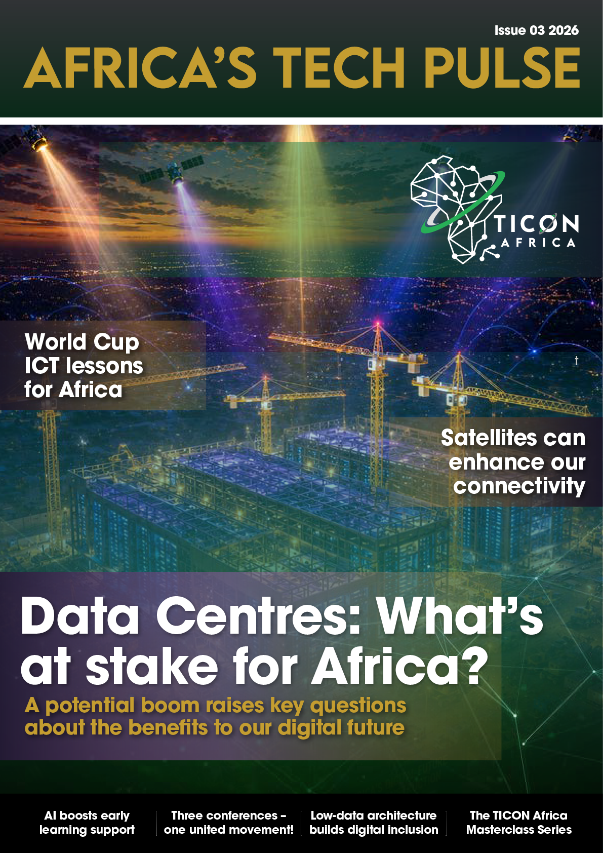 Magazine cover for Africa's Tech Pulse with the TICON Africa logo, a networked globe, and a nighttime construction scene over Africa.